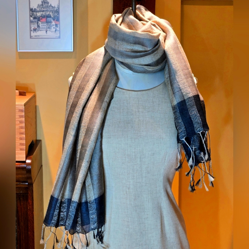Cashmere Blend Shawl | Beige with blue/grey stripes Scarf | Ends with Fringe